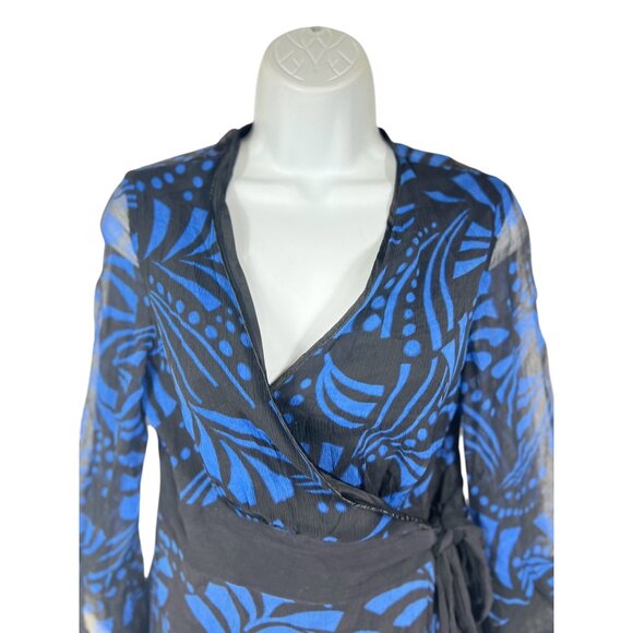 Silkland Womens Size Small Black & Blue Wrap Blouse 100% Silk - Picture 8 of 12